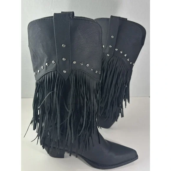 Roper Oakley Studded Pointed Toe Cowboy Black Boots Western Fringe Women's 8 - Picture 2 of 11